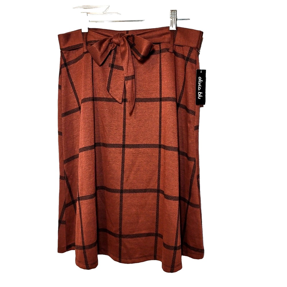 NWT Olivia Blu Women's Brown Black Window Pane A-Line Skirt with Tie Front Large